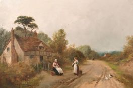 James Walter Gozzard (1888-1950) English, A scene of women gossiping outside a country cottage,