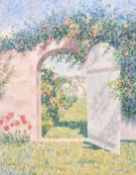 Diane Monett (20th Century), A view of a formal garden through a gate, oil on canvas, signed, 20