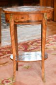 A GOOD SMALL LOUIS XVI DESIGN INLAID OVAL TWO TIER TABLE, inlaid with figures, foliage and playing