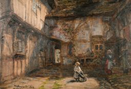 Frank Moss Bennett (1874-1953) British, 'An Elizabethan Courtyard', oil on canvas, signed and
