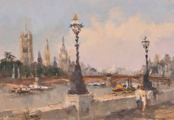 William Davies (b. 1928) British, 'Westminster from over Lambeth Bridge', oil on canvas, signed, 14