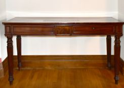 A REGENCY MAHOGANY LONG SIDE TABLE with plain top, two frieze drawers, supported on tapering