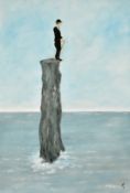 20th Century School, A scene of a man in bowler hat on an outcrop in the sea, acrylic, signed with