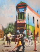 Contemporary School, A scene of figures dancing on a street, Oil on board, indistinctly signed,