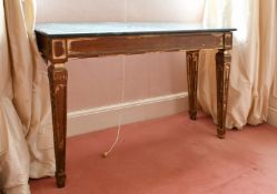 A PAIR OF LONG GILDED SIDE TABLES with marble tops, on fluted legs. 3ft 9ins long x 1ft 1ins wide.