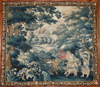 A GOOD EARLY ANTIQUE AUBUSSON TAPESTRY, classical figures fighting a boar with trees and distant