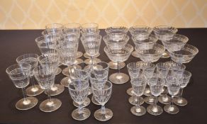 A SUITE OF GLASS, nine champagne, ten sherry, six port, eleven liqueur and four small sherry (40).