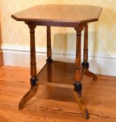 A VICTORIAN MAHOGANY SQUARE TOP TWO TIER TABLE with canted corners on turned legs. 1ft 11ins wide.