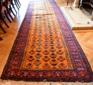 A PAIR OF ANTIQUE HAMADAN-KURD KELLAI RUNNERS. 13ft x 3ft 6ins.