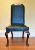 A SET OF SIX TALL BACK LEATHER SINGLE CHAIRS with brass studs, on cabriole legs ending in pad feet.