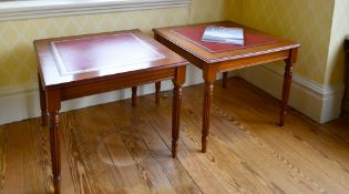A PAIR OF SQUARE TOP LIBRARY TABLES with inset leather top, on fluted legs. 2ft square.