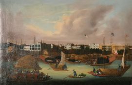 Chinese School, Circa 1850, 'The Hongs of Canton', oil on canvas, 12