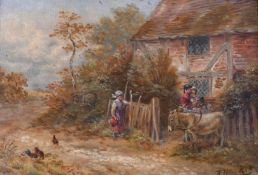 19th Century English School, figures and a donkey outside a cottage, oil on canvas, indistinctly