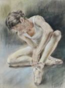 20th Century, A pastel study of a seated ballerina tying her shoe, indistinctly signed, 20