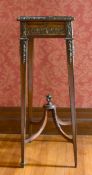A 19TH CENTURY FRENCH SQUARE MARBLE TOP STAND on tapering legs with cross frame stretcher. 2ft 10ins