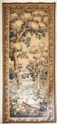 AN ANTIQUE BRUSSELS LONG TAPESTRY, a bird, trees and building. 8ft x 2ft 9ins wide.