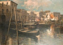 Sergio Cirno Bissi (1902-1987) Italian, A Venetian view with moored Gondolas, oil on canvas,
