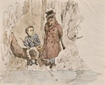 Attributed to Francis Wheatley, An unfinished cartoon of two gentleman with an unfinished drawing of
