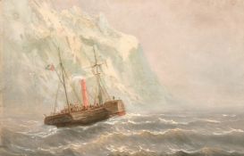 19th/20th century, A paddle steamer approaching an icy headland, oil on board, indistinctly