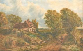 J. Naish, circa 1903, 'Lane Near Coleshill', A wayfarer on a country path by a cottage, oil on