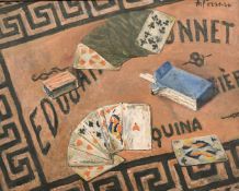 A. Farrari (20th century) A still life featuring playing cards, oil on canvas, signed, 15