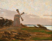 Early 20th century, A scene of a windmill on the coast, oil on panel, signed with initials 'L.