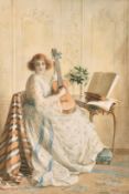 Catherine B. Gully (early 20th century) British, 'The Guitar Player', A lady in a lavish interior,