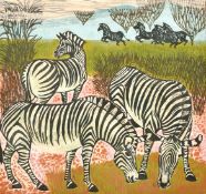 Christine Clegg, 'Zebras', colour linocut, signed in pencil, 11.5