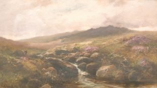 George Henry Jenkins (1843-1914) British, An angler by a moorland stream with a storm approaching,