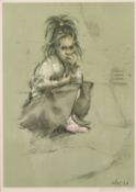 Harold Riley (b.1934) Young girl kneeling on the pavement, colour print, signed and numbered '268/