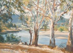Evelyn Pamela Thalben-Ball (1927-2012) British/Australian, A view of a river through trees, oil on