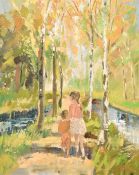 20th century Probably Scandinavian, Children on a path by a river, oil on canvas, indistinctly
