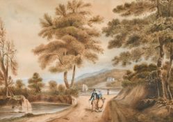 19th century, wayfarers on a country path with a lake and country house beyond, watercolour, 7
