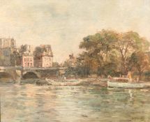 Gustave Madelain (1867-1944) French, Boats on the River Seine with buildings and a bridge beyond,