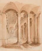 Mid-19th century English school, A study of the interior of St Agnesi church in Rome, pencil and