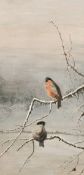 English School (circa. 1914), Two birds in a snowy winter landscape, oil on canvas, signed with