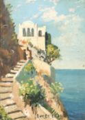 20th century Italian school, Buildings on the coast, oil on panel, inscribed 'Romeo Capri', 7
