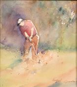 Isobel Gardner 20th century, scene of a golfer playing a shot, watercolour, signed, 8.5