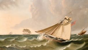 M. Scurr mid-19th century British school, Reefing sails on a windy day, oil on canvas, signed and