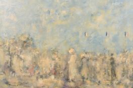 Walter John Beauvais (1942-1998) 'Le Caf Du Centre Paris Plage', elegant figure on a promenade,