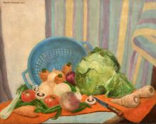 Douglas Swainson (20th century) 'Potpourri', A still life of mixed vegetables, oil on board,