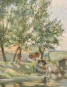 Beatrice Stella Pedder (b.1975) Cows watering by a stone bridge, oil on board, signed on label