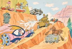 A cartoon illustration of a whacky races scene, watercolour, 9