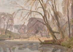 John Brown 20th century, A tree lined pond, oil on panel, signed with initials 10