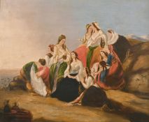 Late 19th century, A scene of female figures gathered on a rocky hillside, oil on canvas, 20