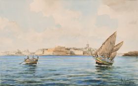 Galea circa. 1967 (Maltese) Fort St. Elmo with traditional boats in the foreground, Malta,