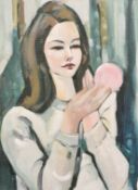 Late 20th century, A study of a female figure with a small vanity mirror, oil on board, 16