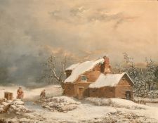 William Malbon (1805-1877) British, A winter landscape with figures gathering provisions for their