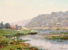 Sergei Sviridov, Russian, 'Fishing by The River', signed oil on board 9.5