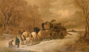 19th century English school, Figures resting by a timber wagon, oil on canvas, indistinctly